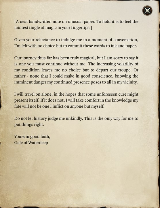 Si descuidas a Gale en Baldur's Gate 3 recibirás la carta de renuncia